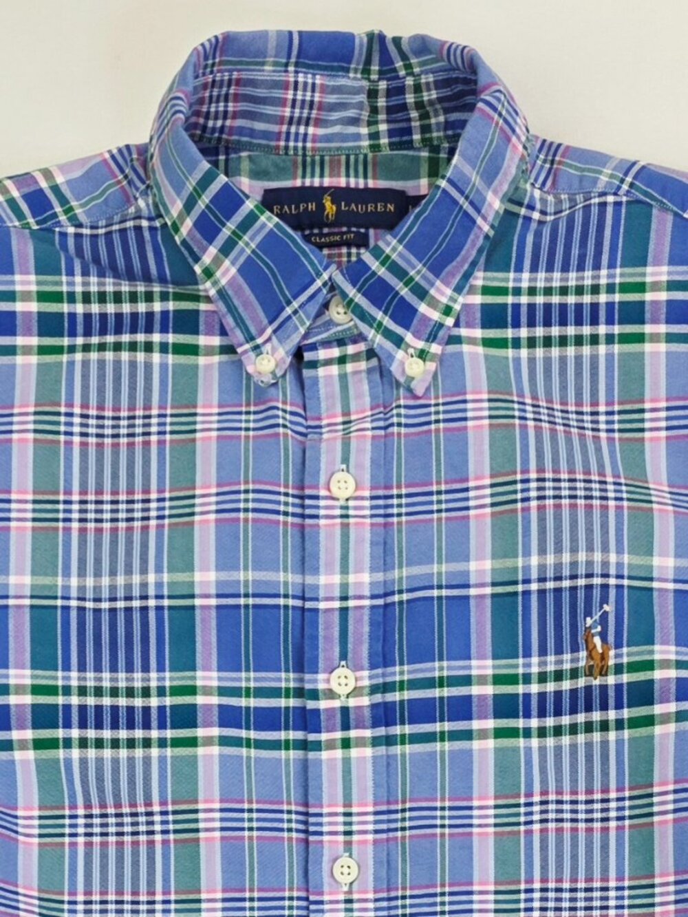 Ralph Lauren Classic Fit Blue Multi Plaid Short Sleeve Men Size Large Pocket Log